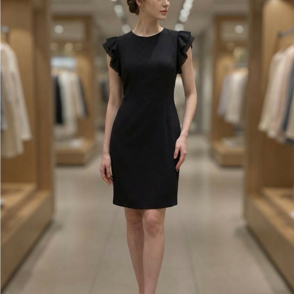 Chaps Black Midi Dress with Ruffle Sleeves